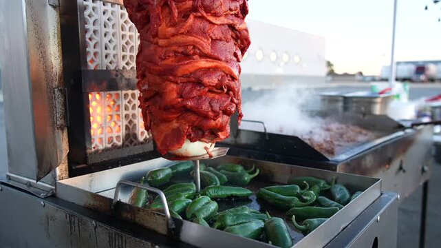 Cinematic Slow Motion Al Pastor on a Mexican Street Food Spit