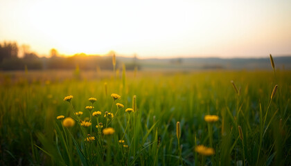 Obraz premium Field of Yellow Flowers Sunset Background
