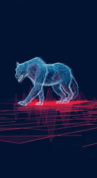 Futuristic Digital Illustration of Blue Wireframe Panther Animal Tracking Visualization with Red Heartbeat Line and Sound Waves, Symbolizing Technology and Wildlife Monitoring
