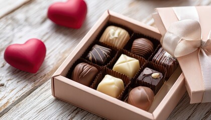 Assortment of luxury gourmet chocolates presented in a pale pink gift box beside two romantic heart shapes.
