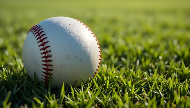 A baseball resting on a dew-covered grass field under bright sunlight. basball