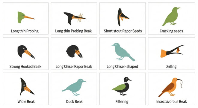 Variety of bird beaks and birds illustrations different shapes and functions for foraging and eating