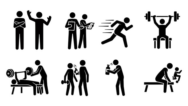 Set of stick figures depicting various fitness, gym, and sports activities including coaching, running, weightlifting, and training sessions.