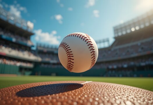 A baseball in mid-air over a well-maintained baseball field under a clear sky. basball