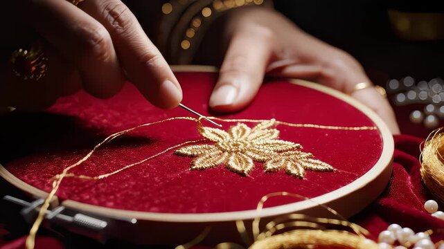 Hands Stitching Elegant Gold Flower Design on Red Velvet Fabric