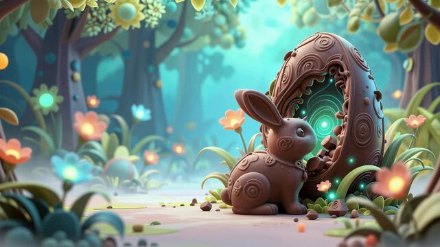 forest scene, bunny with intricate brown patterns, sitting next to a large, ornate, broken eggshell, glowing green light inside eggshell, colorful flowers.