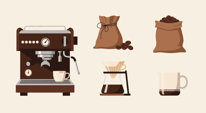 Professional Coffee Brewing Equipment Icons with Espresso Maker Coffee Bags and Carafe. Detailed Flat Design Vector Graphics for Gourmet Coffee Themes.