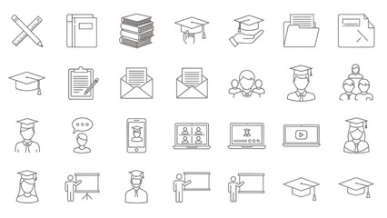 A comprehensive set of education and learning line icons, including graduation caps, books, documents, online learning, and teaching symbols.