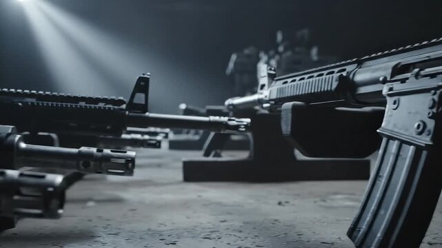 Row of rifles in a dimly lit setting