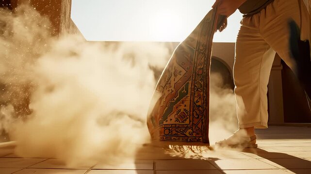Person Shaking Dust From an Oriental Carpet in a Moroccan Setting