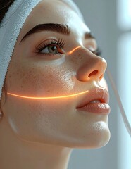 Womans Face with Glowing Lines Representing Skincare and Beauty Treatments.