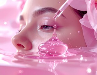 Womans face with pink serum dropper and liquid.