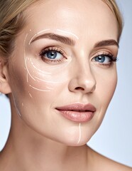 Womans Face with Aesthetic Surgery Markings for Facial Rejuvenation and Anti-Aging Treatment.
