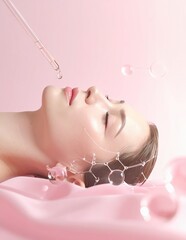 Womans face with serum drops and molecular structure for skincare.