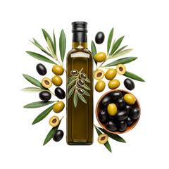 bottle of olive oil and olives