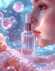Womans Face with Skincare Serum Bottle and Bubbles in a Dreamy, Luminous Setting.