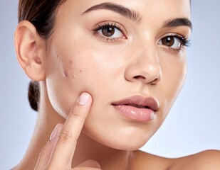 Young woman pointing at acne scar on her cheek, highlighting skin imperfections and the need for skincare solutions.