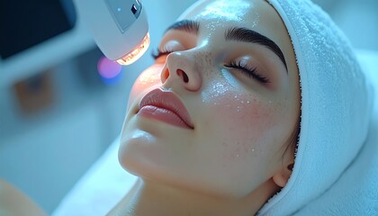 Young woman receiving advanced facial treatment in a modern beauty clinic, focusing on skin rejuvenation and care.