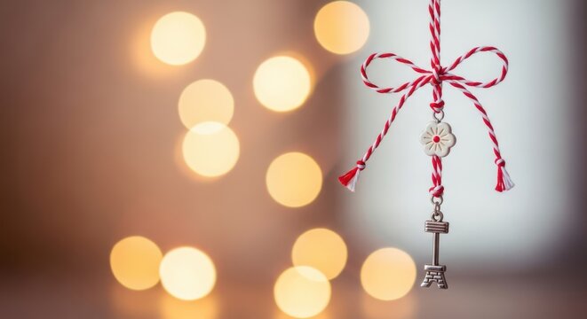 Traditional martisor with red and white string and blurred bokeh lights