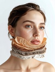 Young woman with a unique, layered fabric collar around her neck, looking thoughtfully to the side.
