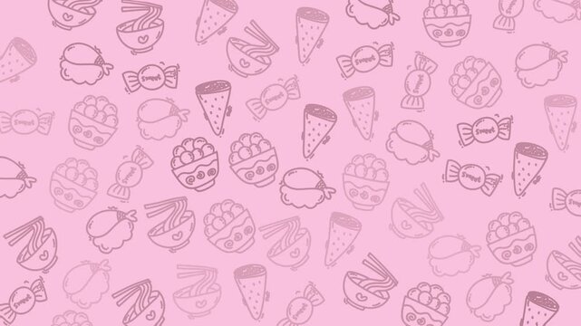Pink background pattern with various food items like pizza and ramen. Suitable for foodrelated designs.