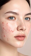 Young womans face with acne and skin imperfections, close-up portrait.