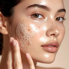 Young woman with glowing skin applying a foaming cleanser to her face, showcasing a healthy skincare routine.