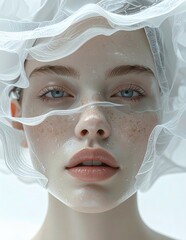 Young Womans Face with Translucent Fabric Draped Over Her.