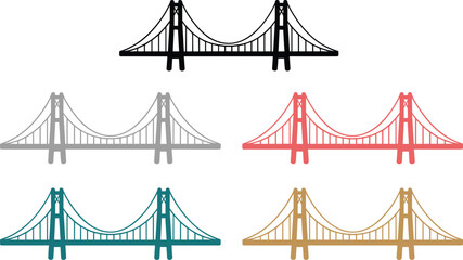 Obraz premium Suspension bridge icon set, colorful silhouette design, vector graphic, architectural symbol, engineering structure, cable bridge, urban landmark, infrastructure 