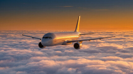 Obraz premium Modern commercial airplane flying above the clouds during golden hour, clear sky, realistic aviation photography, soft sunlight.
