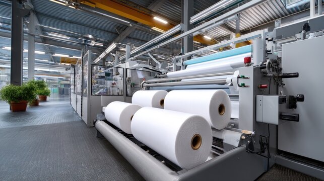 Industrial Paper Manufacturing Equipment in a Bright Factory Environment with Rolls of Paper Ready for Production