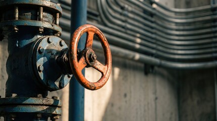 Fototapeta premium Industrial gate valve with an orange wheel and blue body, mounted on a concrete wall with visible pipes and shadows, suitable for plumbing and mechanical applications