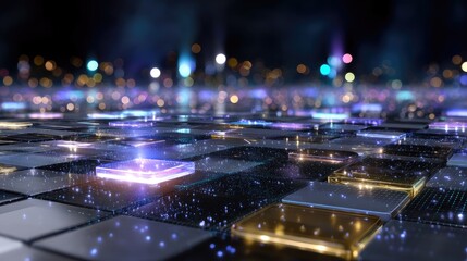 Obraz premium Futuristic Abstract Digital Landscape with Colorful Light Effects and Glowing Squares on a Reflective Surface