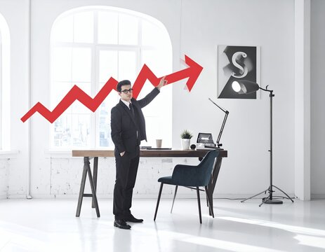 Businessman in suit pointing at a large red upward trending arrow in a bright modern office, symbolizing growth and success.