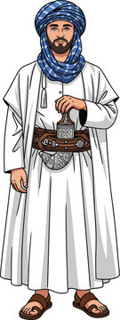 A bearded man in traditional Middle Eastern attire wearing a white robe blue turban and holding a jambiya dagger.