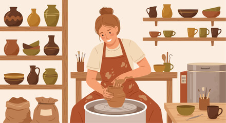 Female pottery artist making ceramic vase on spinning wheel in studio workshop.