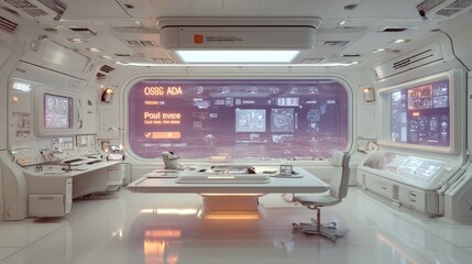 Obraz premium Futuristic HR dashboard showing compliance checks for OSHA, EEO, ADA, Paid Leave, and Labor Law in a sleek modern workspace, minimalistic design emphasizing precision and trust.