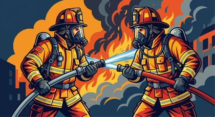 Brave firefighter in safety gear extinguishing fire with water hose vector illustration.