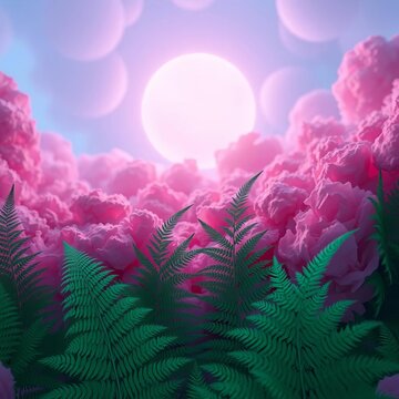 Soft grey orb whispers light on rose plush, emerald fronds unfurl below, a serene sky-view,  light,  green plant