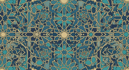 Intricate blue and green geometric pattern with golden accents
