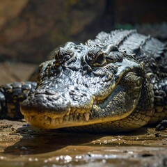 Close-up of an alligator resting in shallow water, showcasing textured skin and sharp teeth with a blurry background