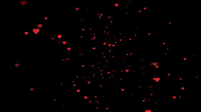 Romantic abstract backdrop with glowing red heart particles floating moves sideways in dark space