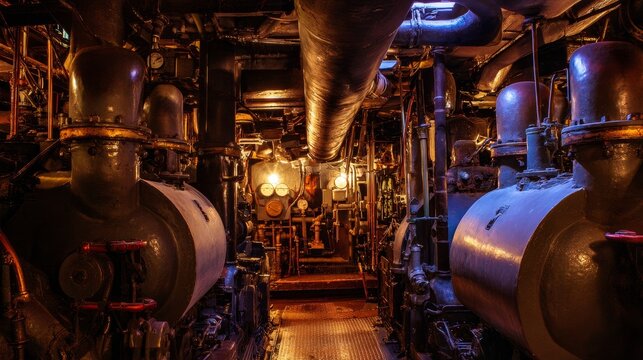 Closeup of old steam ship engine room with large industrial engines, pipes, and intricate mechanical components in dark atmospheric lighting.