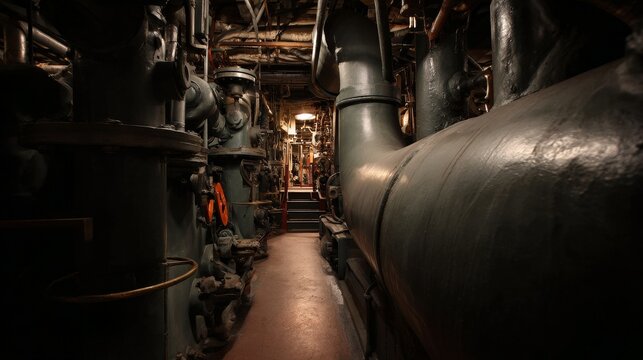 Closeup of old steam ship engine room with large industrial engines, pipes, and intricate mechanical components in dark atmospheric lighting.
