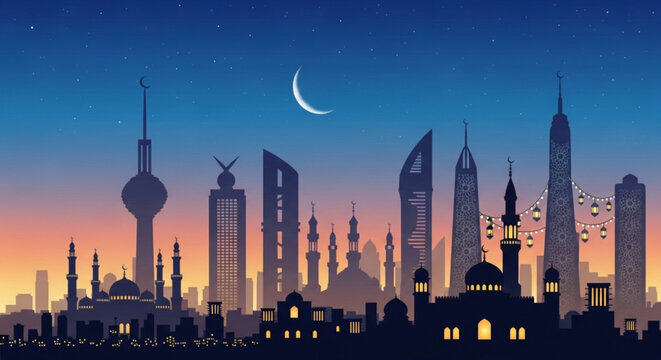 Kuwait city skyline at sunset with crescent moon and mosque