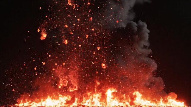 A volcanic eruption spews glowing lava and rocks against a dark backdrop, creating an intense scene