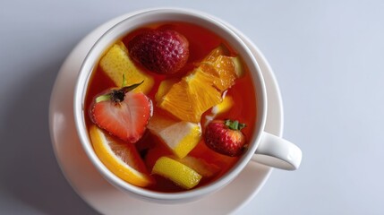 Refreshing Fruit Infused Beverage with Strawberries, Oranges, and Lemons in a White Cup on a Light Background