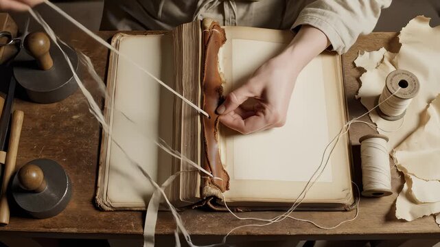 Craftsperson Carefully Sewing Leather Spine of Vintage Book on Table