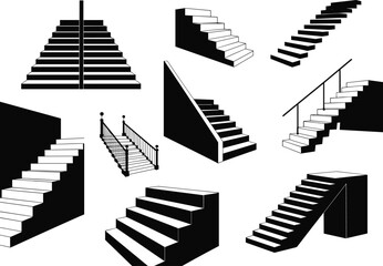 Collection of nine black and white staircase illustrations showing varied architectural styles and perspectives for design, concept art, and spatial analysis