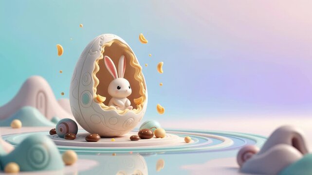 a cute white rabbit with pink ears, sitting inside a cracked, patterned Easter egg. The egg is on a calm water surface with ripples. 